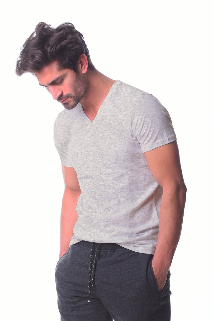 Light Gray V-neck Basic T-shirt