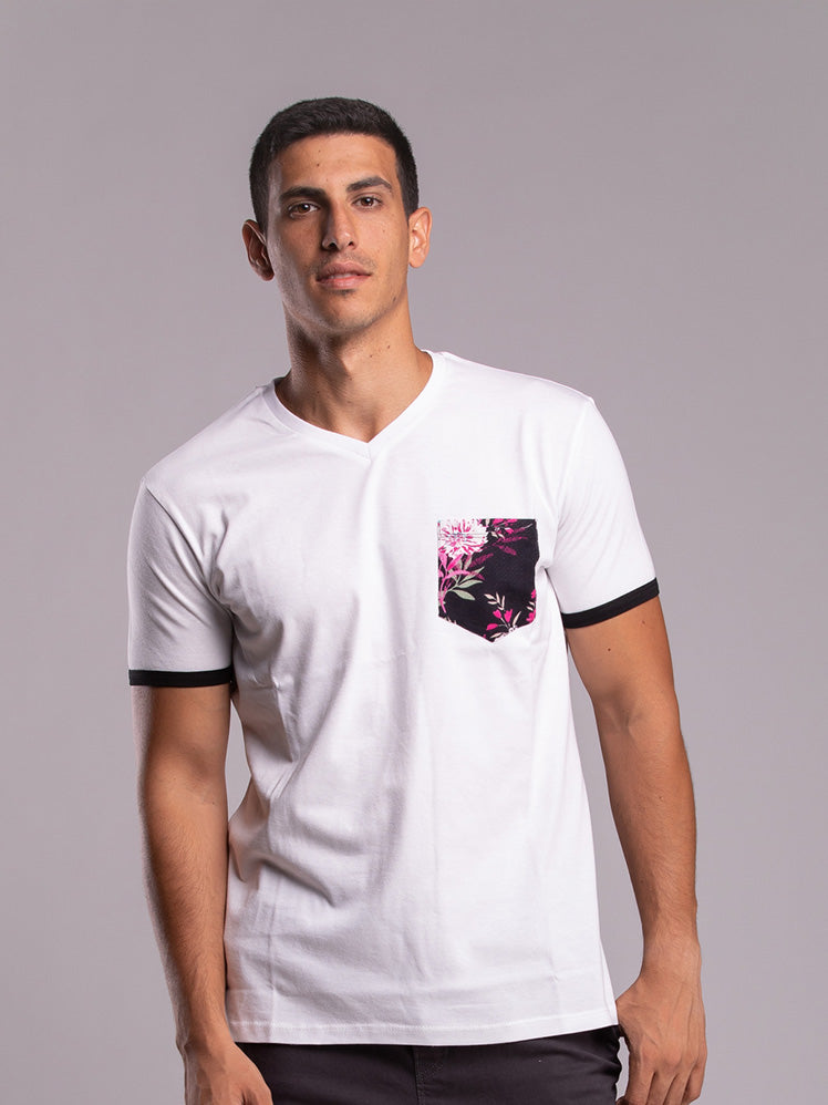 White V-neck T-shirt with Flowered-pocket