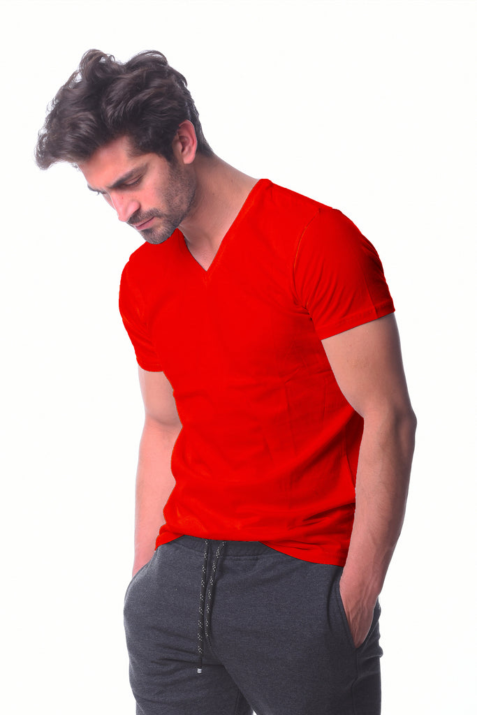 Red V-neck Basic T-shirt